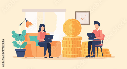 Two people work on laptops near stacks of coins in a cozy room