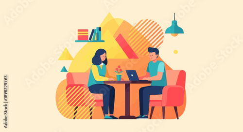 Two people sit at a table in a cafe with abstract shapes