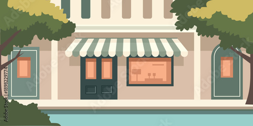 Coffee shop with pool and tree. Coffee house store. Hotel restaurant. Villa pool. Swimming poll. Bakery store.