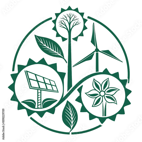 Illustration of sustainable agriculture and renewable energy sources harmoniously combined