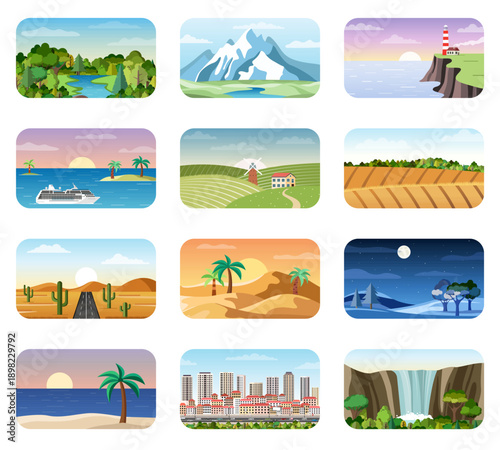 Colorful nature landscape icons set. Mountains, desert, sea, city, forest and other scenes and locations. Vector illustration