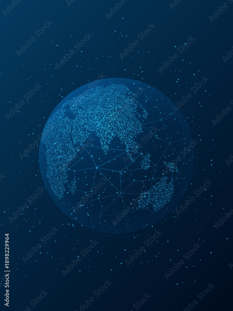 Naklejka premium The entire globe is covered by the internet. Modern means of communication in the digital world. Abstract poster in blue tones.
