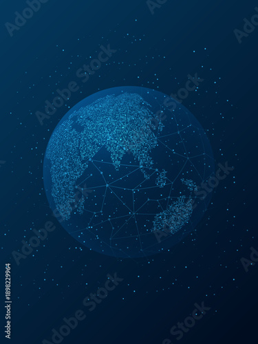 The entire globe is covered by the internet. Modern means of communication in the digital world. Abstract poster in blue tones.