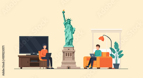Two people work on laptops next to the Statue of Liberty in a room