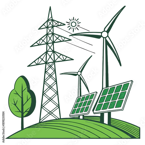 Renewable energy sources including wind turbines, solar panels, and power transmission lines