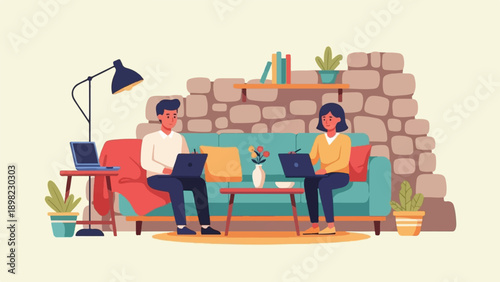 Two people work on laptops on a couch in a cozy room