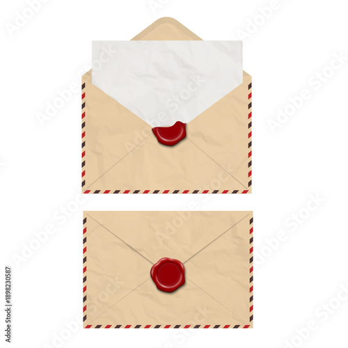 Open and closed vintage realistic old paper envelope with red sealing wax