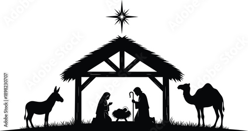 Black Nativity Scene Silhouette Featuring Mary Joseph Baby Jesus in Manger with Donkey Camel and Star of Bethlehem for Religious Christmas Holiday Celebration Graphics