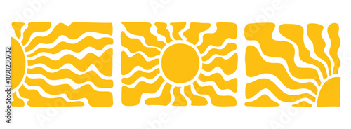 set retro rectangular elements and form sun. The yellow sun, placed in a rectangular shape, is ornate, positive, and bright. Sun poster 70s design
