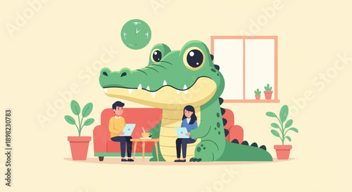 Two people work on laptops on a couch with a giant friendly crocodile
