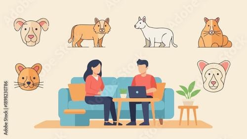 Two people work on laptops on a couch with animal illustrations around them