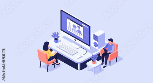 Two people work on computers in an isometric office setting