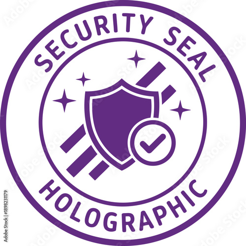 Purple Security Seal Badge with Shield and Checkmark for Holographic Authentication and Certification