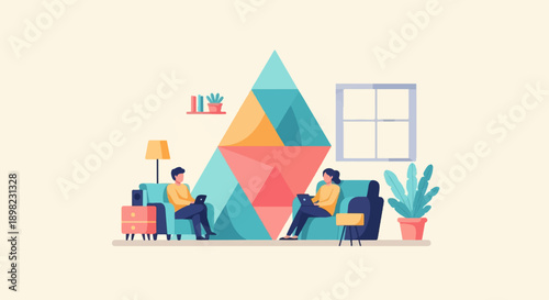 Two people work on laptops on couches in a room with abstract art