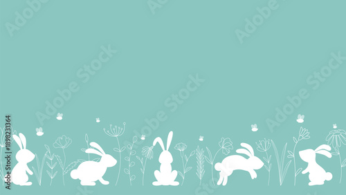 Horizontal template with silhouettes of hares, wildflowers and grass. Azure background with white pattern on theme of Easter and copyspace. Mockup for posters, greetings, flyers and advertisements