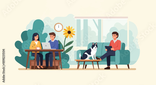 Two people work on laptops, a dog sits on a table, and a man relaxes on a sofa