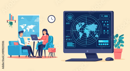 Two people work on laptops and a large monitor displaying a global map