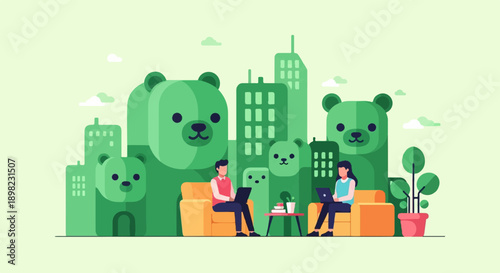 Two people work on laptops on plush chairs in a whimsical green cityscape