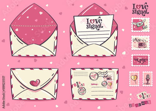 Valentine Mail Envelopes and Stamps Set