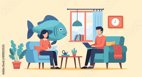Two people work on laptops on sofas, a giant fish floats nearby