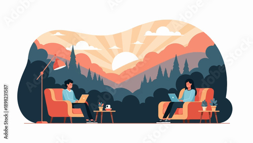 Two people work on laptops on sofas with a sunset over mountains