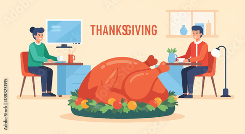 Two people sit at tables, one with a computer, the other with a lamp, and a turkey