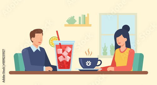Two people sit at a table with drinks and a coffee cup