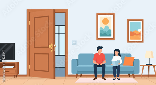 Two people sitting on a couch in a living room with a TV and open door