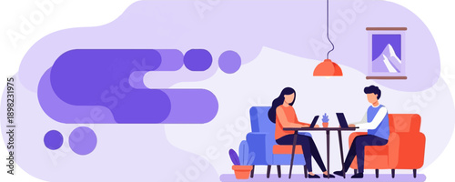 Two people work on laptops at a table with abstract purple shapes background