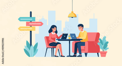 Two people work on laptops at a table, with a signpost outside