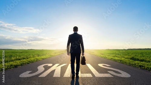 Businessman walking on open road at sunrise holding briefcase with skills text, concept of career development and journey towards growth, motivation and aspiration in professional success concept