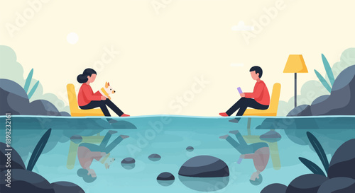 Two people sit by water, one with a dog, other with phone, reflections visible