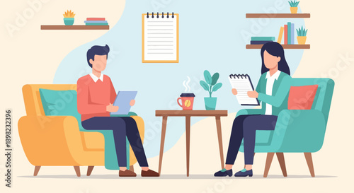 Two people sitting in comfortable chairs, discussing papers with a coffee