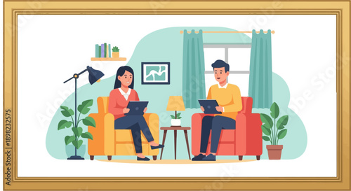 Two people sitting in chairs with tablets in a living room