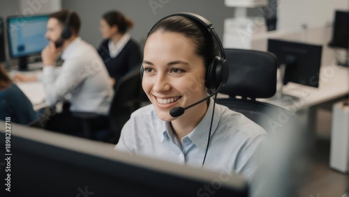 Smiling Customer Service Representative Wearing a Headset in a Call Center.
