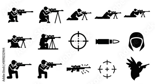 Collection of sniper and shooting related black silhouettes, depicting marksmen in various positions, rifles, targets, and ammunition.