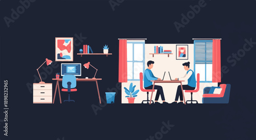 Two people work on laptops at desks in separate home office spaces