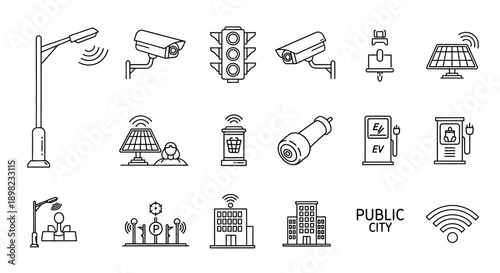 A collection of smart city technology icons on a white background