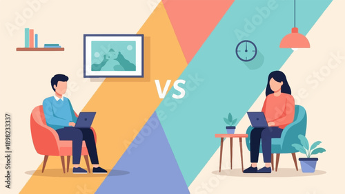 Two people work on laptops at home, separated by a colorful division