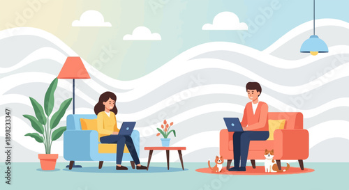 Two people work on laptops at home on sofas with two small dogs