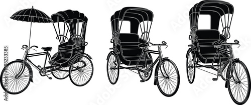 Vintage rickshaw tricycle silhouette set showing traditional pedal-powered passenger transport with canopy and umbrella, detailed black vector illustration isolated on white background
