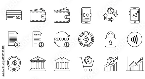 A collection of financial icons on a white background