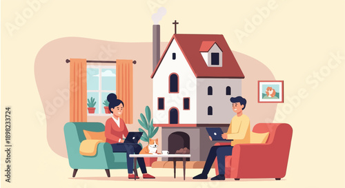 Two people work on laptops at home with a dog and a building