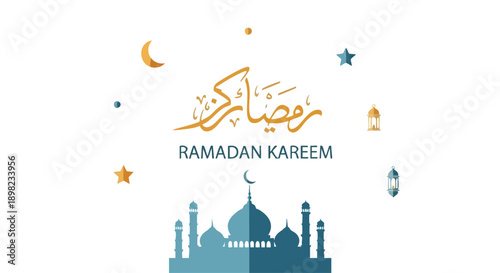 Ramadan Kareem greeting card with mosque silhouette, crescent moon, and lanterns against a white background with Arabic calligraphy and warm colors.