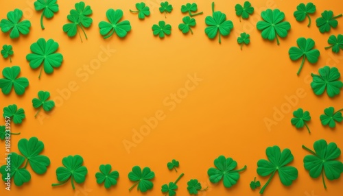 St. Patrick's Day frame of green shamrocks and clovers on an orange background with central copy space.
