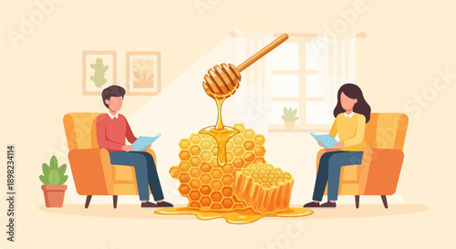 Two people relax reading in armchairs next to a large honeycomb with honey