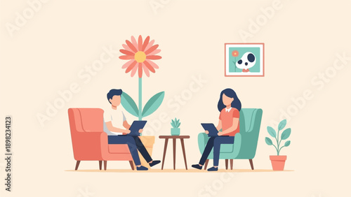 Two people sit in armchairs, each with a laptop, in a room with plants
