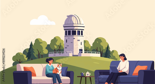 Two people relax with a dog and laptop near an observatory