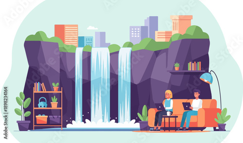 Two people relax with laptops by cascading waterfalls and city skyline