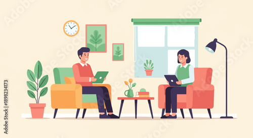 Two people sitting in armchairs using laptops in a living room